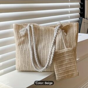 Beige Crochet Tote with Matching Pouch - Women Bags